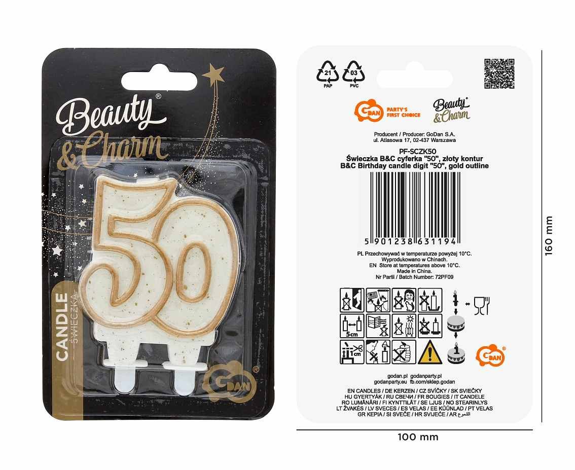 Double digit candle "50", gold outline, 8 cm